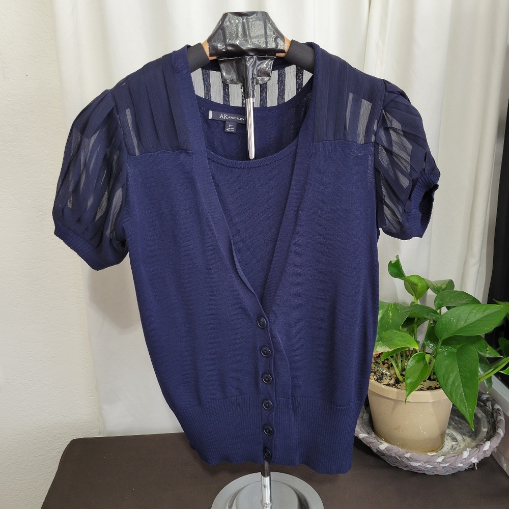 Ann Klein EUC Womens 2pc Swewter Tank Set Sz P Petite Navy Puff Sleeve Work Casu